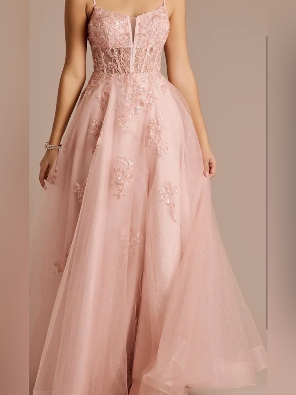 Elegant Blush Pink Lace Appliqué Ball Gown Dress